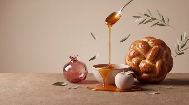 contemporary still life art, a translucent glass pomegranate and honey drape over a sculptural challah