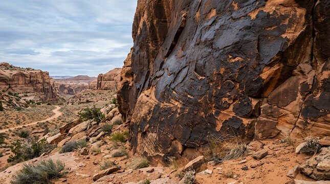 Detailed View of Red Sandstone Rock Formation with Desert Varnish Patina in a Scenic Western Canyon Landscape Vista