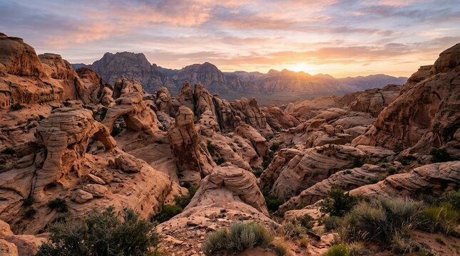 Majestic Sunrise Over Red Rock Formations and Arches in a Vast Desert Canyon Landscape with Dramatic Clouds