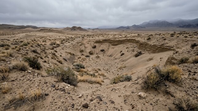 Wide panorama of an arid desert landscape featuring a large sand crater and distant mountains under a cloudy gray sky.