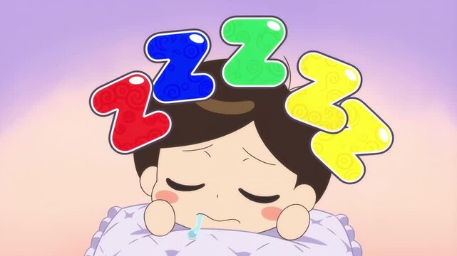 Cute cartoon style sleeping boy with drool and colorful zzz bubbles in slow motion single scene adorable sleep scene for childrens