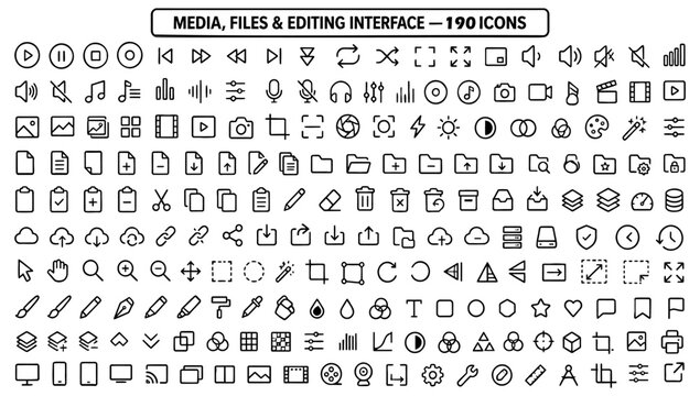 Vector collection of media files and editing interface symbols presented as minimalist line art graphics isolated on transparent background