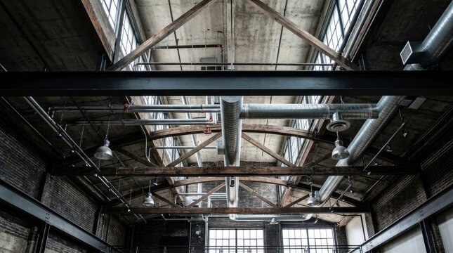 A dark, industrial space showcases a concrete ceiling supported by exposed beams and metal pipes. Large windows punctuate the structure, allowing light to filter through.