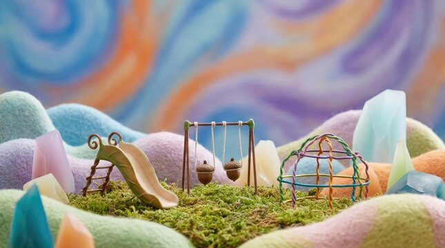 A miniature fairy garden is nestled within a fluffy, textured blanket. A small swing set with a tiny slide, a miniature acorn, and a wire mesh ball are arranged on a bed of moss.