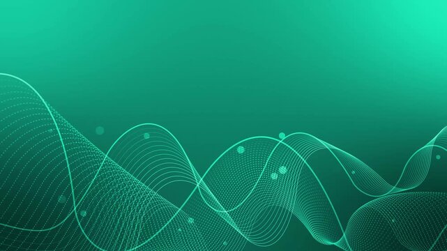 Abstract background with flowing dotted and solid wave lines animation, scattered small white circles, modern minimal tech aesthetic