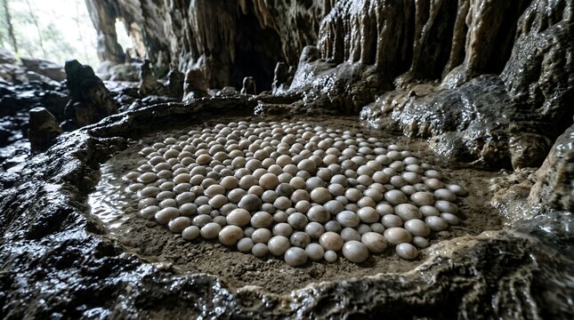 Rare Natural Cave Pearls and Smooth Oolith Formations in an Underground Limestone Grotto with Shallow Water Pool