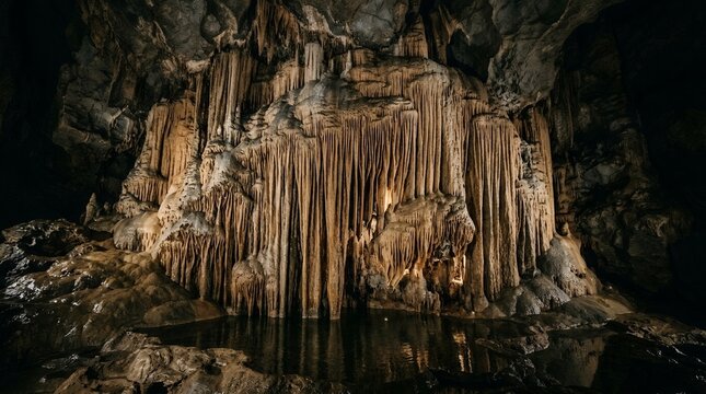 Magnificent Underground Cave with Dramatic Stalactites Stalagmites Formations and Reflective Still Water Pool