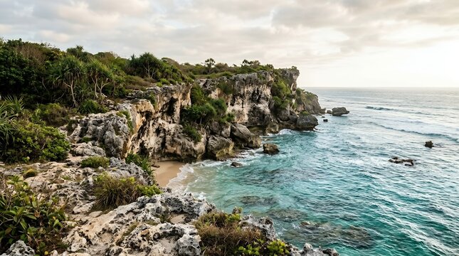Breathtaking Ocean View of Rugged Limestone Cliffs and Turquoise Waves Hitting a Secluded Sandy Beach Cove at Sunset