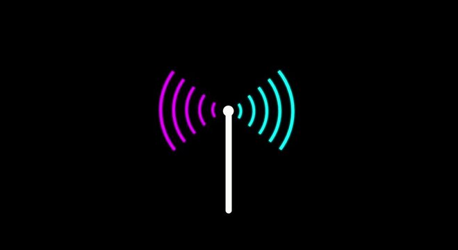 Abstract radio waves signal animation. signal, map, military technology wireless signal  tower connective network and signal waves on black background....4k motion