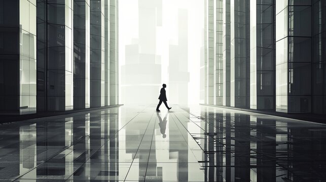 Minimalist 3D conceptual artwork of a tiny solitary figure standing in vast monumental architecture, symbolizing urban loneliness, career burnout, social isolation, and existential solitude.