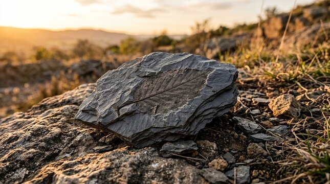 Ancient Leaf Fossil Imprint on a Grey Slate Rock at Golden Hour Sunset in a Wild Rocky Landscape Nature Background