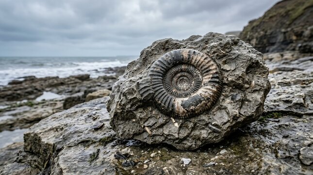 Detailed prehistoric ammonite fossil embedded in a natural rock on a rugged coastal beach with ocean waves background