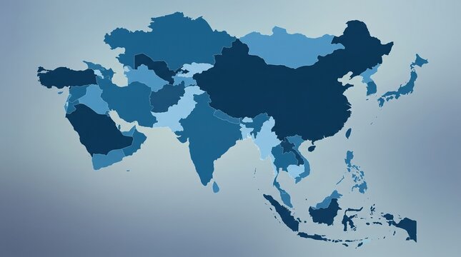 Blue political map of the Asian continent with country borders