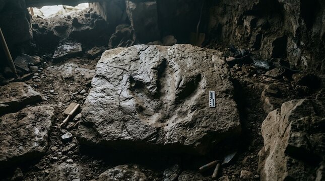 Large Prehistoric Dinosaur Track Fossil Found at an Archaeological Dig Site with Paleontological Tools and Scale