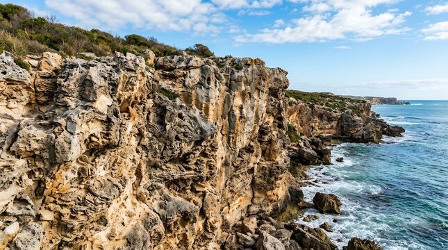 Scenic view of rugged limestone cliffs overlooking the turquoise ocean under a blue sky with white clouds.