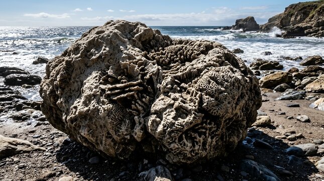 Ancient Fossilized Brain Coral Formation Resting on a Scenic Beach with Blue Sea Waves and a Rugged Coastal View