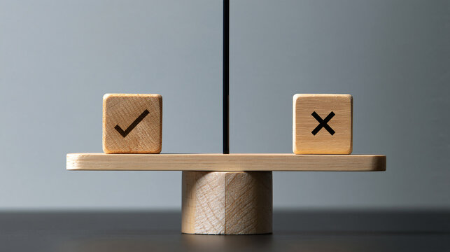 Elegant photo of Wooden blocks with checkmark and cross symbols balanced on a seesaw scale. Ideal concept for decision making, ethics, and choosing between right and wrong.