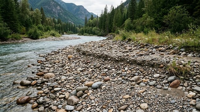 Beautiful Mountain River Landscape with Rocky Shoreline Dense Pine Forest and Cloudy Sky in a Serene Wilderness View