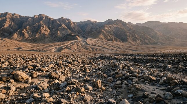 Stunning Arid Desert Landscape Featuring Rugged Mountain Ranges and Rocky Terrain Under a Soft Sunset Sky at Dusk