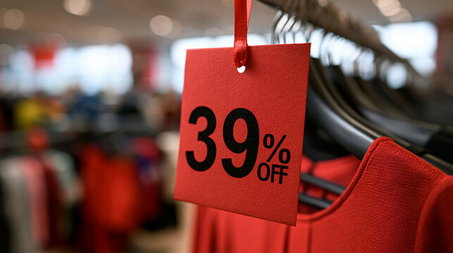 Elegant photo of A bright red 39% off sale tag hangs on a clothing rack in a retail store. Ideal for advertising special offers, discounts, or promotional campaigns.