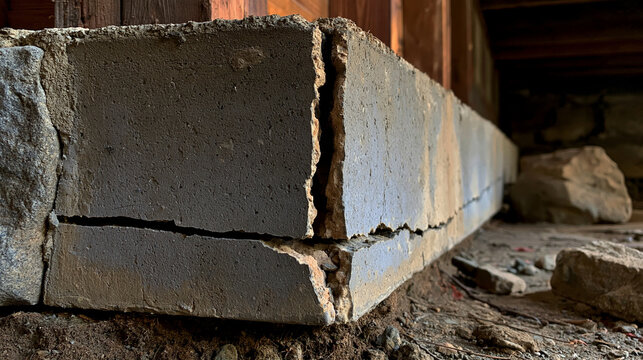 Elegant photo of Severely cracked concrete foundation block showing extensive structural damage under a building in dim light. Represents home repair, property issues, and.