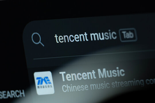 Shenzhen, China - 09 Aug 2026: Search result for Tencent Music is seen on a digital screen.