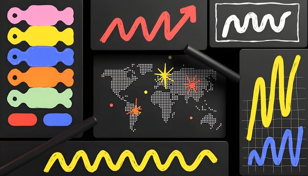 Colorful Infographic Elements, Business Analytics Charts, and World Map Dashboard Set