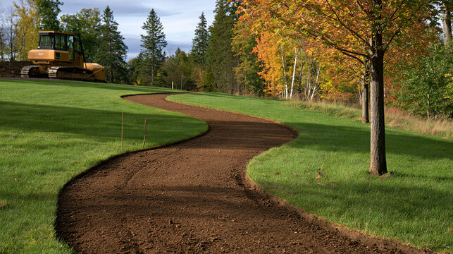 Elegant photo of A winding dirt path newly graded through a green lawn with a bulldozer in the background. Ideal for landscaping and property construction ads.