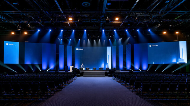 Elegant photo of An empty modern conference stage is illuminated with blue spotlights facing rows of seating. Ideal concept for corporate events and tech summits.