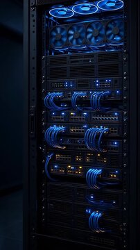 Detailed View of an Illuminated Server Rack with Blue Cables and High-Tech Atmosphere
