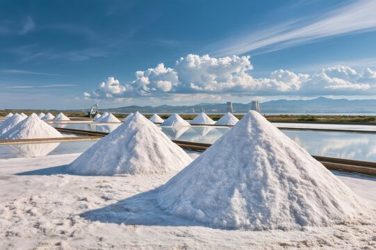 White salt piles in saline environment under blue sky
