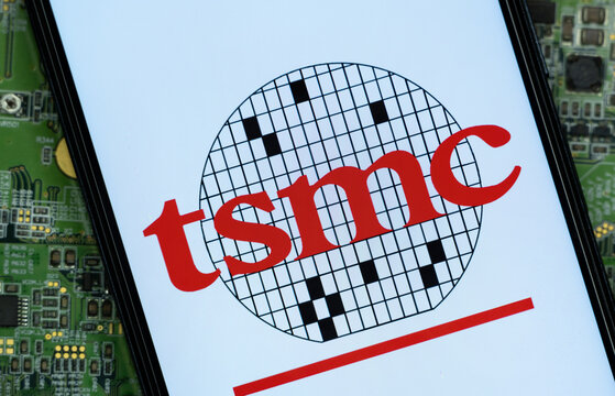 Hsinchu, Taiwan - 24 September 2026: Close-up of TSMC logo on a smartphone screen.