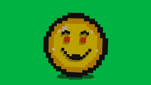 3D Pixel Art Crying to Smiling Emoji Coin Floating Loop Green Screen
