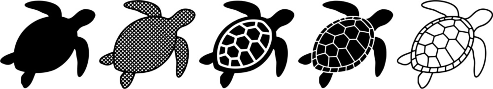 Sea turtle icon set in solid black, textured pattern, detailed shell, and outline styles. Vector illustration isolated on white background.
