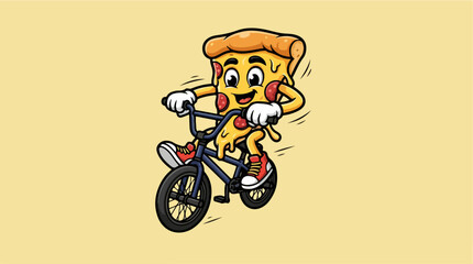 Obraz premium Cool cartoon pizza slice character riding a BMX bicycle.