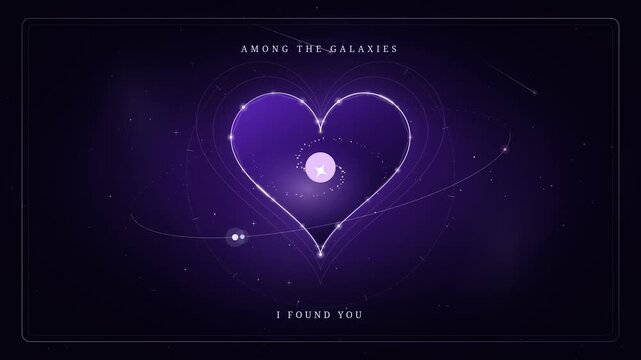 Glowing purple amethyst heart animation with celestial orbits, spiral galaxy, and romantic typography. Deep violet cosmic love background featuring a pulsing heart galaxy