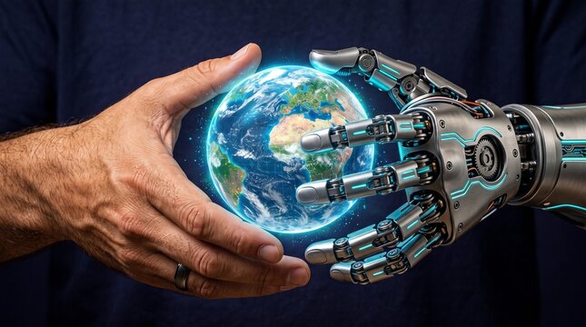 Human hand and robotic arm holding glowing digital planet Earth globe representing future technology partnership artificial intelligence global ecology protection and cybernetic collaboration