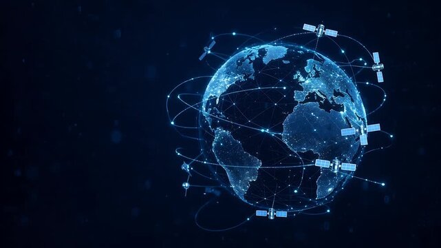 Digital Representation of the Earth with Interconnected Satellites and Data Streams in Dark Theme