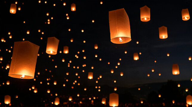 Elegant photo of Countless glowing sky lanterns float gracefully against a dark night sky, illuminated by warm light. Ideal for celebrating festivals, hope, and peaceful.