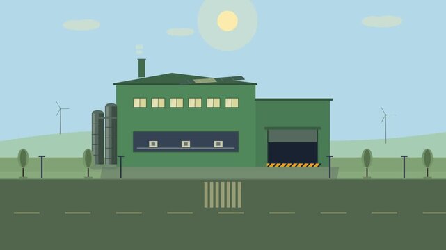 Smart Green Factory and Logistics Loading Dock Day to Night Cycle Flat Vector 4K Seamless Loop