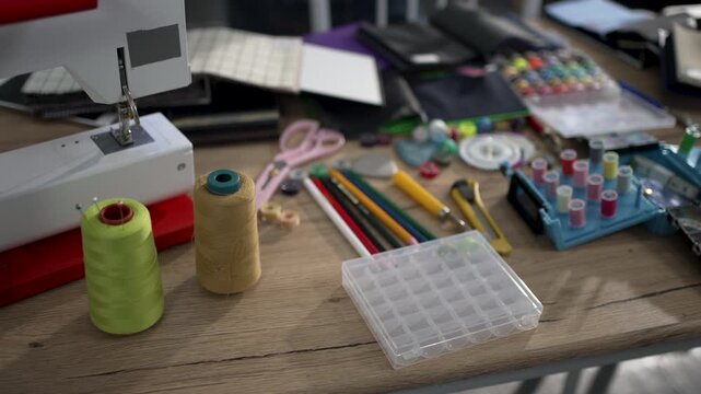 Sewing Machine and Thread Spools on Tailor Shop Worktable