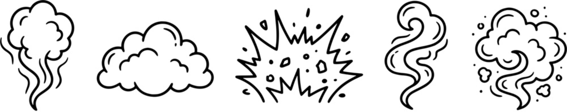 Smoke and dust effect icon set in a doodle line art style including puff, cloud, explosion, swirl and impact symbols.