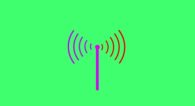Abstract radio waves spreading. animation. network tower produced radio wave concept WIFI wireless internet network net connection icon antenna tower lime background,,,,