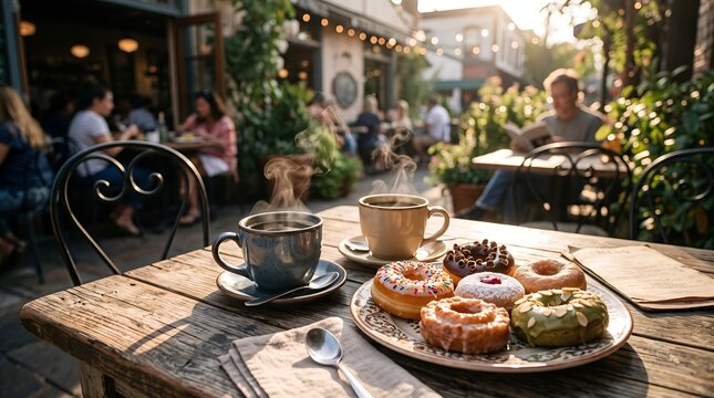 Two cups of coffee served alongside a plate of glazed donuts on a rustic wooden table at a sunny outdoor cafe terrace.