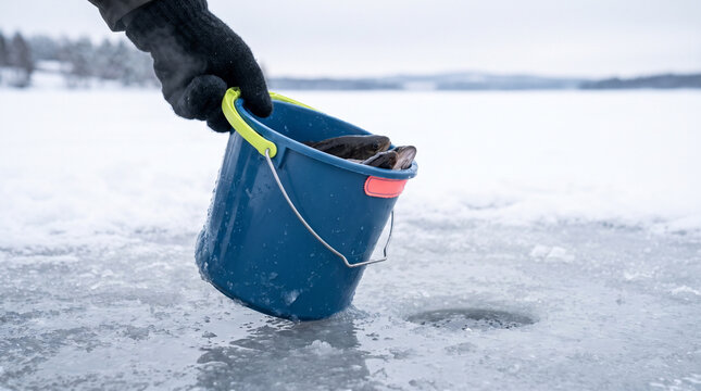 Person holding a bucket of freshly caught fish on icy surface  
