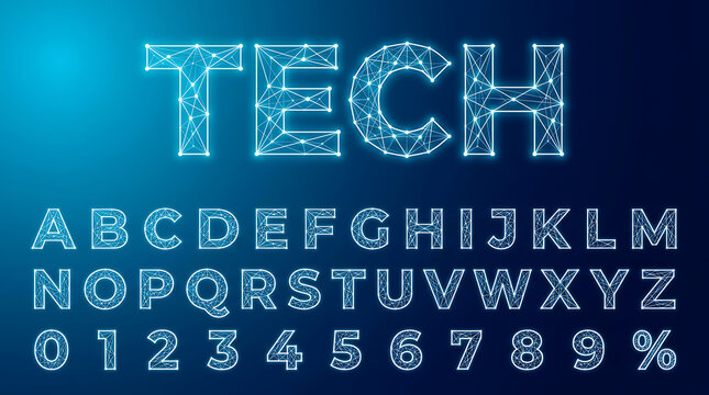 Futuristic digital wireframe technology alphabet font and numbers with glowing network connection