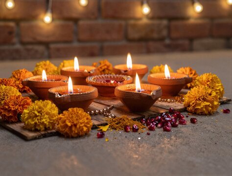 Diwali festival celebration with burning clay diyas and marigold flowers arranged on wooden surface