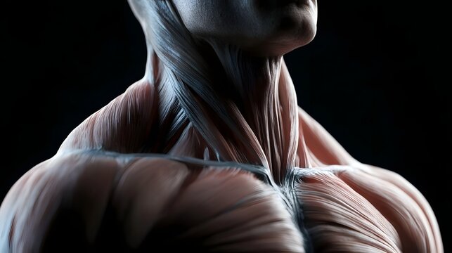 Close up of human neck and shoulder muscles with detailed anatomical texture and soft lighting against dark background