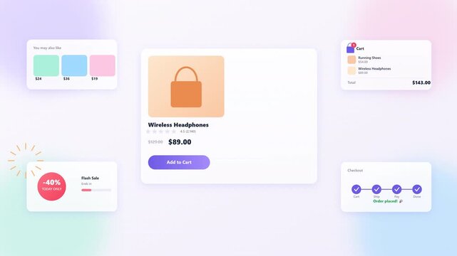 Shopping experience online interface with multiple e-commerce product cards and payment options