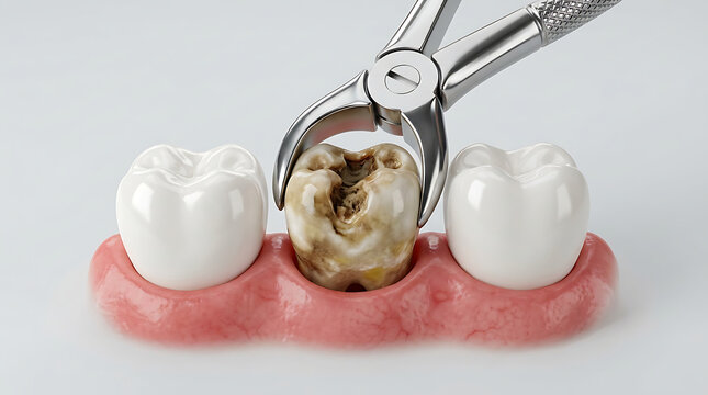 Medical illustration of tooth extraction using dental forceps on a decayed molar